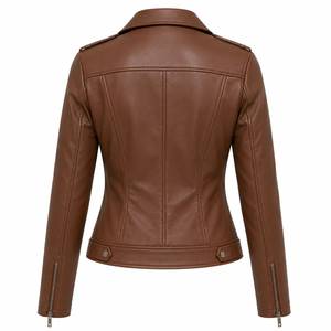 #   Veste en cuir marron pour femme, style motard ajusté, avec fermeture éclair aux poignets, manches longues, vêtement d'extérieur décontracté - Product Image 4