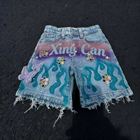 Nuevos Shorts Vaqueros Casuales de Alta Calidad Personalizados con Decoración Retro de Pintura en Aerosol y Cristales de Imitación, Lavado Claro con Proceso Vintage