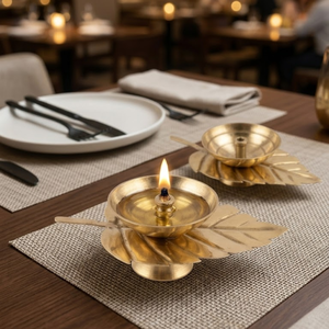 Mini Brass Oil Lamp for Table Decor <b>Leaf</b> Design Diya Ambient Restaurant <b>Lighting</b> Small Decorative Brass Lamp - Product Image 1
