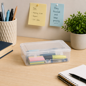 Clear <b>Plastic</b> Office Organizer Rectangular <b>Lid</b> 1 Layer Minimalist Design Waterproof Durable Stackable Storage Box for Desk Use - Product Image 1