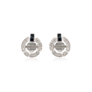 Art Deco Inspired Beautiful Circular Design Blue Sapphire & Diamond 925 Sterling <b>Silver</b> <b>Studs</b> Earrings - Product Image 1