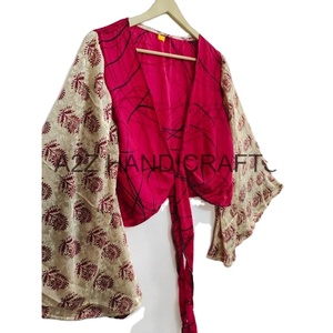 Top corto de seda pura para mujer, recién llegado, ropa de verano con escote en V profundo, informal, estampado Floral Vintage, camisa de manga acampanada con lazo - Product Image 3