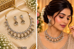 Parure de collier Kundan artisanale en pierre taille poire, design plaqué or antique, avec pendentifs Jhumki et grappes de perles tombantes - Product Image 5