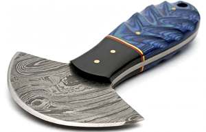 Couteau à bascule Ulu en acier Damas artisanal, manche en bois bleu, hachoir à pizza - Product Image 3