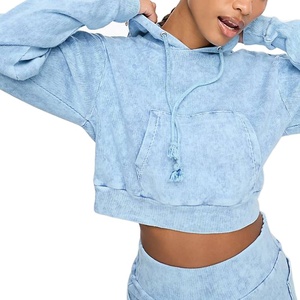 Sweat à capuche court à manches longues pour femmes avec cordon de serrage poche kangourou coupe délavée sweat haut taille XS pour l'hiver 2025 - Product Image 1