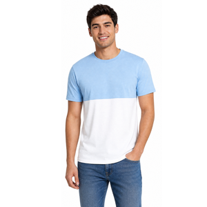 T-shirt pour homme à blocs de couleur personnalisés, décontracté, bicolore bleu clair et blanc, col rond, manches courtes - Product Image 1