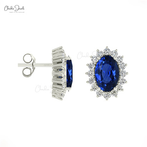 Boucles d'oreilles clous en or massif 14 carats avec saphir bleu ovale véritable 6x4 mm et halo de diamants blancs délicats, prix de gros usine - Product Image 5