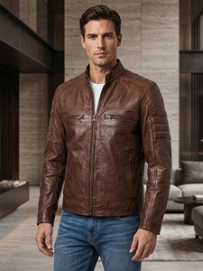 Veste de motard en cuir d'agneau véritable marron cognac pour homme, style café racer, matelassée - Product Image 3