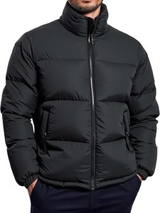 <b>Men's</b> Black Puffer <b>Jacket</b> Windproof Casual <b>Winter</b> Coat Stand Collar Zipper Closure Thick Polyester Fiber Filling Regular Fit - Product Image 2