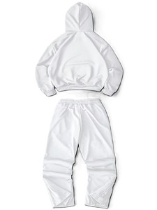 Ensemble de survêtement unisexe en coton blanc, à capuche, manches longues, couleur unie, coupe décontractée, pantalon et sweat à capuche avec cordon de serrage, pour l'automne - Product Image 2