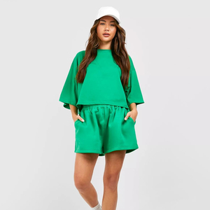 Ensemble T-shirt et short décontracté vintage grande taille pour femme, coupe régulière, 100 % coton, deux pièces, respirant, écologique, service OEM - Product Image 5