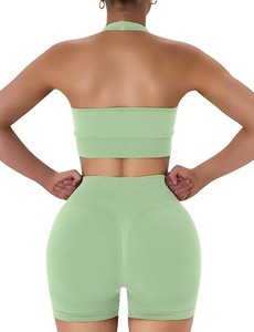 Fitness Wear Customizable High Quality Fabric Yoga Gym Set for Women Halter Sports Bra <b>Scrunch</b> Butt <b>Shorts</b> Stitch Breathable - Product Image 4