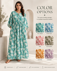 Robe longue unie vert sarcelle à col en V pour femme, style bohème, coupe ample évasée, manches longues, idéale pour les fêtes, écologique, 100 % coton, pour l'été et les vacances. - Product Image 3