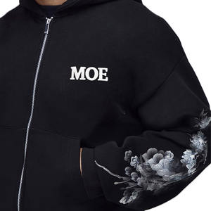 <b>Black</b> Floral printed Sleeve Zip <b>Hoodie</b> for Men Cotton Fleece Back Graphic Text Streetwear OEM Manufacturing Wholesale - Product Image 3