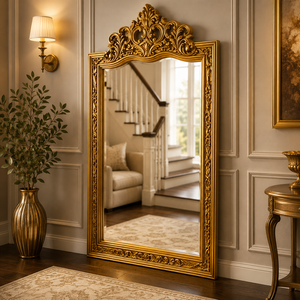 Espejo de pie de madera tallado a mano Heritage Crown, acabado en oro antiguo, espejo decorativo ornamental de cuerpo entero, decoración de lujo - Product Image 1