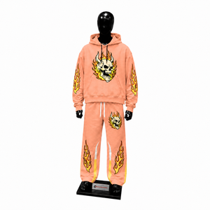 Conjunto de Sudadera con Capucha y Pantalones Jogger Peach Flame Skull para Hombre, Estilo Gótico Urbano, con Gráfico de Fuego, de Dos Piezas, Oversize - Product Image 1