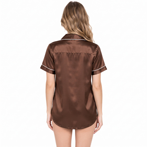 Custom Logo Women's Button Down Shirt Turn Down Collar <b>Silky</b> Sleep Wear <b>Top</b> Relaxed Fit Women Short Sleeve Satin Night Shirt - Product Image 3