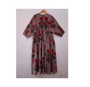 Vestido Midi 100% Algodón con Estampado Animal y Patchwork, Manga Larga, Lavable, Estilo Indio de Verano - Product Image 1