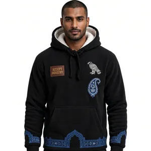 Sudadera con Capucha Negra para Hombre de la Marca ACCEPT INDUSTRY, con Diseño de Águila Bordada y Paisley, Bolsillo Frontal, Ropa Casual de Invierno - Product Image 2