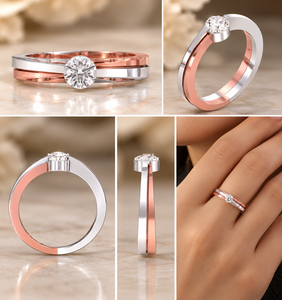แหวนเพชรเม็ดเดี่ยวขอบสองชั้นแบบทูโทน ดีไซน์มินิมอล ทองคำแท้ 14K ได้รับการรับรองจาก IGI เพชรเพาะเลี้ยงในห้องปฏิบัติการ เครื่องประดับแต่งงานสั่งทำพิเศษ - Product Image 3