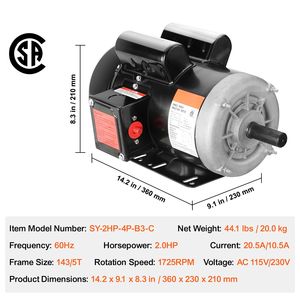 Motor Eléctrico Monofásico de 2HP, 1725 RPM, CA 115V/230V, Carcasa 143/5T para Compresor de Aire, Eje con Chavetero de 7/8'', Opciones de Rotación CW/CCW - Product Image 3