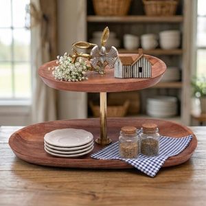 2 Tier Wooden Serving Tray Handcrafted Solid Acacia Wood Snack Serving <b>Stand</b> with Dragonfly Decor for Tea Coffee Snacks Desserts - Product Image 5