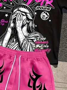 Ensemble T-shirt et short pour homme style streetwear, imprimé New York, tenue décontractée d'été, rose et noir, col rond, tissu tricoté respirant - Product Image 2