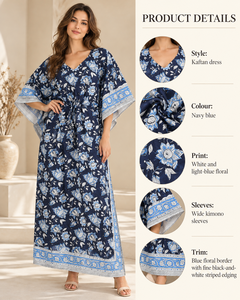 Robe Kaftan Fleurie Bleu Marine pour Femme, Col en V, Style Bohème, Longue, pour Plage et Vacances, Coupe Ample, 100% Coton Respirant, Vêtements en Gros - Product Image 4