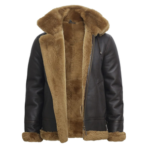 Low Price <b>Men</b> Aviator Flying Genuine Shearling Sheepskin Leather Bomber Hooded <b>Jacket</b> Brown <b>White</b> Sherpa Inner - Product Image 4