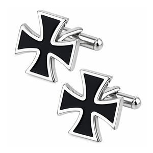 Boutons de manchette personnalisés en acier inoxydable avec croix templière noire, bordure argentée, sérigraphiés pour chemise de mariage formelle pour homme - Product Image 1