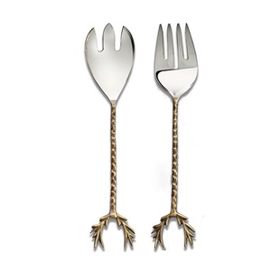 Ensemble de fourchettes et cuillères à salade Golden Branch Design, en acier inoxydable poli miroir, style vintage, pour la vaisselle de mariage - Product Image 2