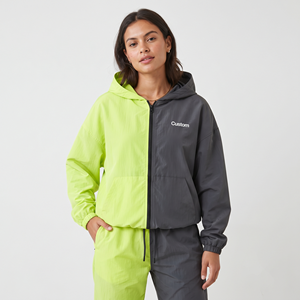 Oversized Women's <b>Lightweight</b> Nylon Full Zip <b>Hoodie</b> Two Tone Breathable Casual Hooded Jacket Long Sleeve - Product Image 1