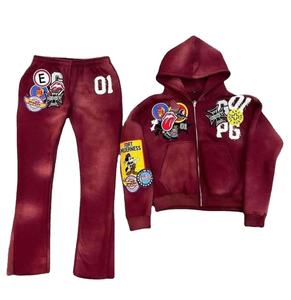 Ensemble sweat à capuche et pantalon de survêtement pour homme, grande taille, avec logo personnalisé imprimé, broderie effet vieilli, en tissu épais, délavé soleil et effet délavé à l'acide, 2 pièces, coupe empilée - Product Image 1