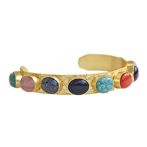 Gold Plated Geometric Cuff <b>Bracelet</b> with Natural Stone Inlay Bohemia Style Unisex Handmade Jewelry Gift Navrattan Bangle - Product Image 3