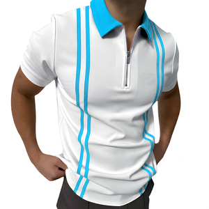 Polo à manches courtes blanc pour homme avec fermeture éclair et design rayé, tricoté, coupe classique, style sportif - Product Image 6