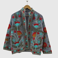 Veste en coton brodée à la main à motifs floraux, col mandarin, manches longues, grande taille, style chic prairie pour femmes, automne