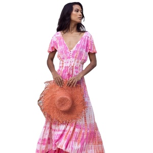 Nouvelle arrivée Robe maxi tie-dye pour femmes, vêtements de plage, 100% coton, silhouette en A, col en V - Product Image 1