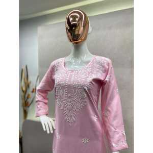 DISEÑADOR RAYON ALGODÓN BORDADO TRABAJO KURTI CON PALAZZO BEBÉ ROSA - Product Image 4