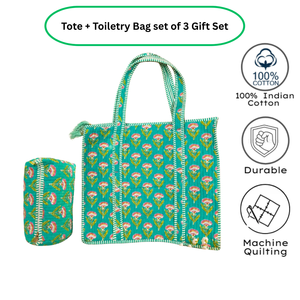 Eco Friendly Emerald Green Floral Jaipur Handcrafted Block Print Quilted Cotton Tote <b>Bag</b> + Toiletry <b>Bag</b> Set -3 Travel Giftable - Product Image 3