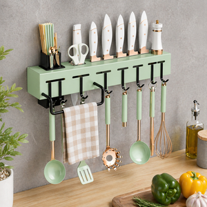 Wall Mounted <b>Kitchen</b> Organizer <b>Rack</b> with Hooks Knife Holder Multi-Functional Storage Shelf Utensil Hanging <b>Rack</b> - Product Image 1