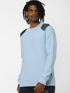 Sweat-shirt à col rond bleu clair pour homme, coupe classique, tricoté, 100% coton, pull décontracté, couleur unie, automne - Product Image 3