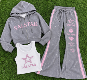 Women’s 3 Piece <b>Velour</b> <b>Tracksuit</b> Set Custom Logo Rhinestone Hoodie Jacket Flare Pants Luxury Casual Sportswear Set - Product Image 6