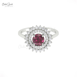 Wholesale Supplier 14k Solid <b>Gold</b> Natural 0.74 Ct Round Cut Rhodolite Garnet <b>Cocktail</b> <b>Ring</b> with Pave Diamond Halo <b>Ring</b> - Product Image 2