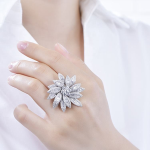 Flower Moissanite <b>Ring</b> Baguette Cluster 925 <b>Silver</b> Luxury <b>Statement</b> <b>Ring</b> - Product Image 2