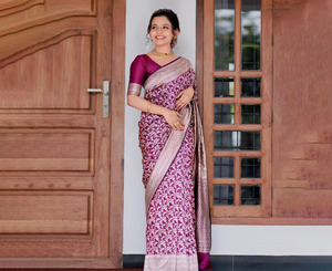 Sari en soie douce Banarasi PinkCityBlocks, très demandé, pour mariages et festivals, tenue traditionnelle indienne avec tissage Zari en cuivre - Product Image 1