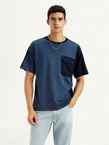 Camiseta de Algodón Azul Sólido para Hombre, Manga Corta, Cuello Redondo, Estilo Casual, Bloques de Color en Contraste, Corte Regular, Tejido de Punto - Product Image 5