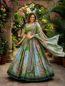 Ensemble Lehenga Choli en soie traditionnelle indienne moderne pour femmes avec broderie élégante et dupatta assorti pour les tenues de mariage - Product Image 4
