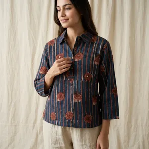 Blusa Étnica de Algodón para Mujer, con Rayas y Bordado Floral, Manga Tres Cuartos, Estilo Informal de India y Pakistán, Corte Regular - Product Image 6
