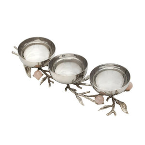 Set 3 Polished Eco-Friendly Modern Luxury Metal Dates Bowls with Silver Leaf Design for Corporate Gifting & Wedding Table Decor - Product Image 1