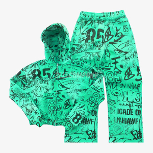 Conjunto Deportivo de Sudadera con Capucha y Pantalones Deportivos Estampados en Verde - Product Image 1
